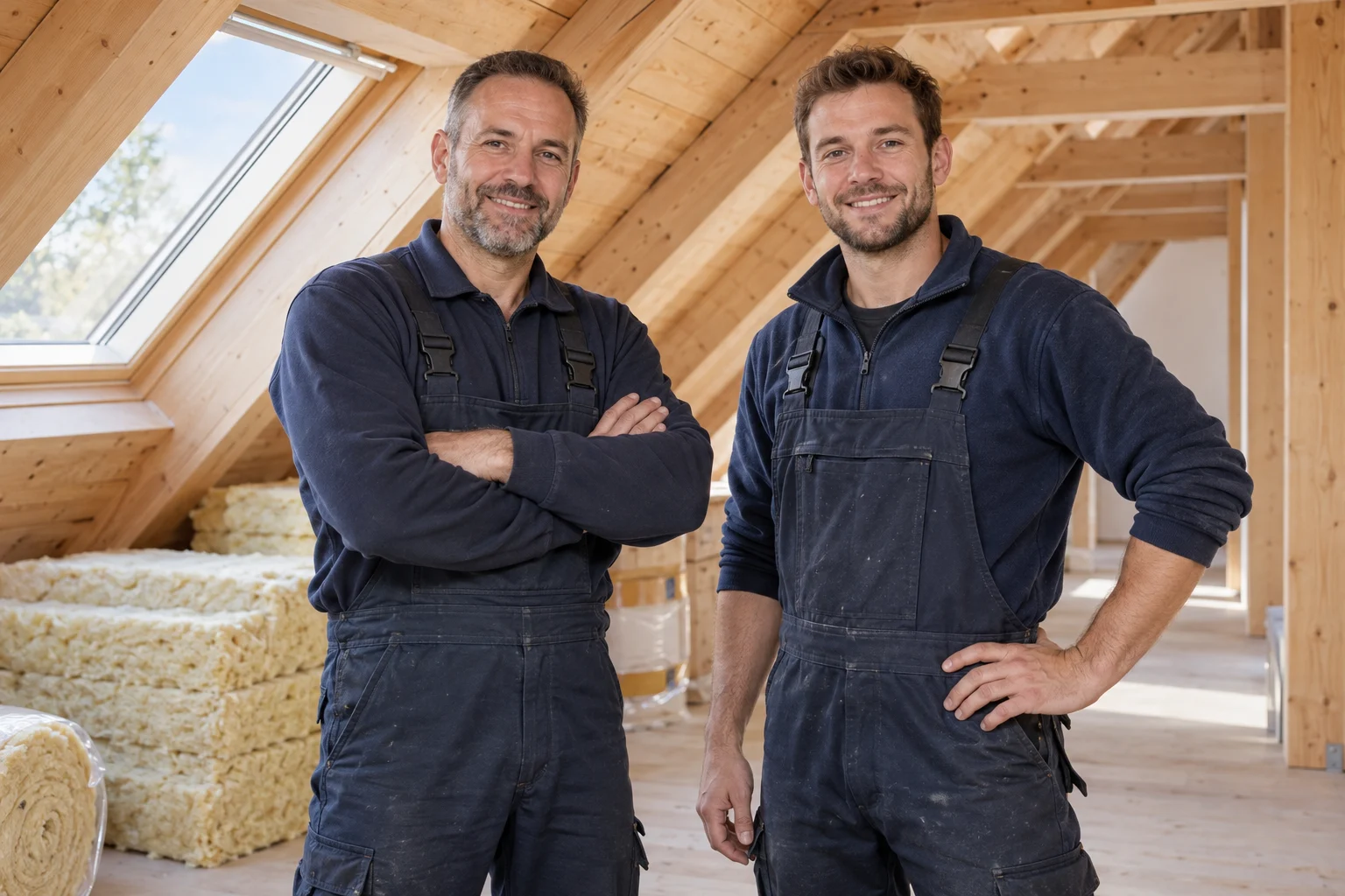 Deux artisans en tenue de travail, debout face à la caméra dans des combles